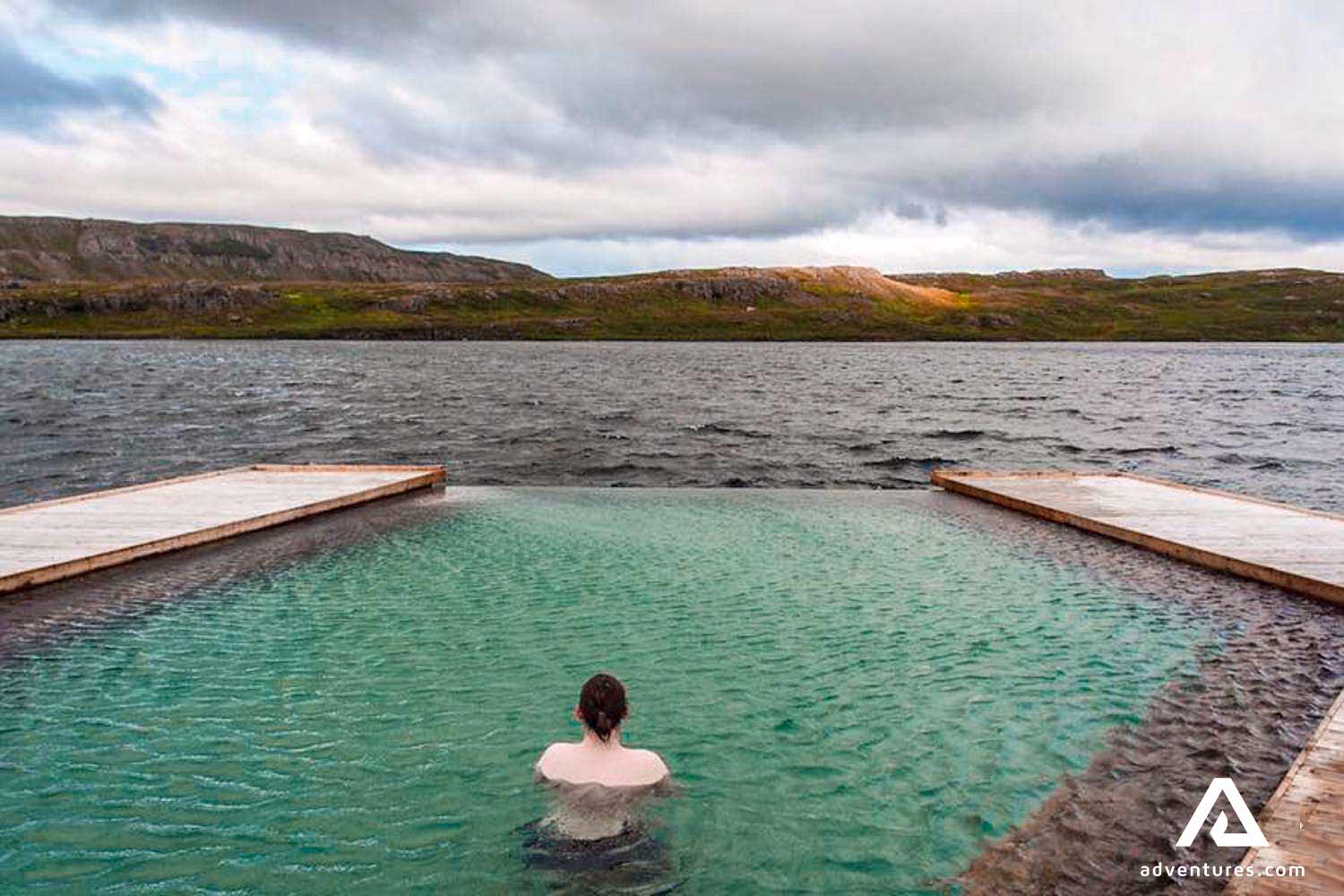 women enjoying the view while bathing
