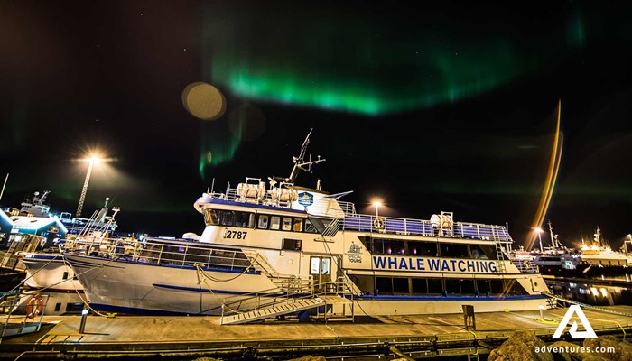 ship waiting in the reykjavik docks at night