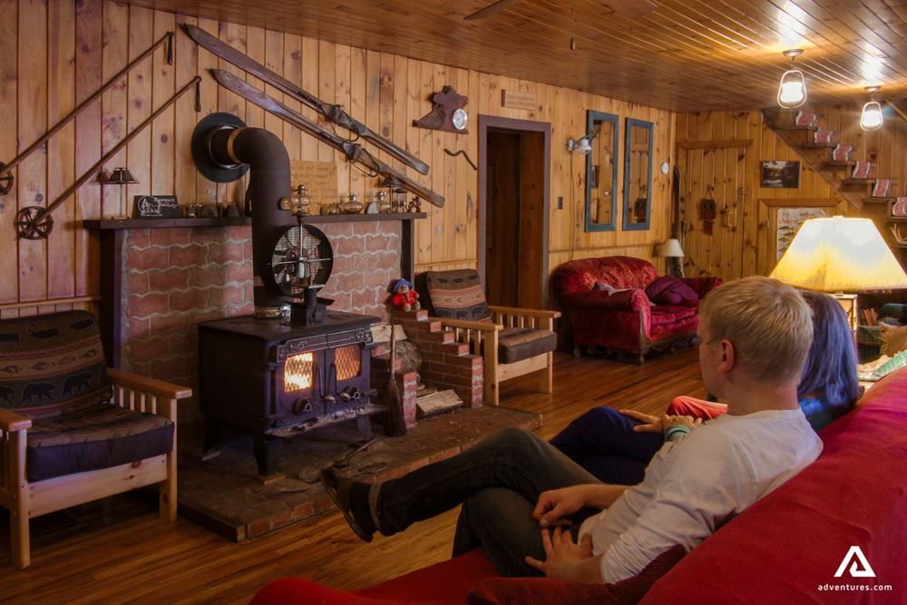 Chimney inside wooden eco lodge