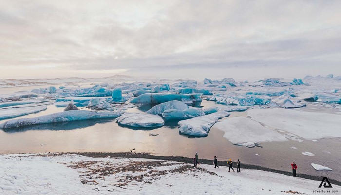 snowy icebergs and jokulsarlon in iceland