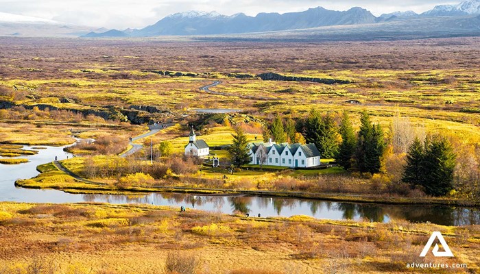 few houses and a church in thingvellir national park