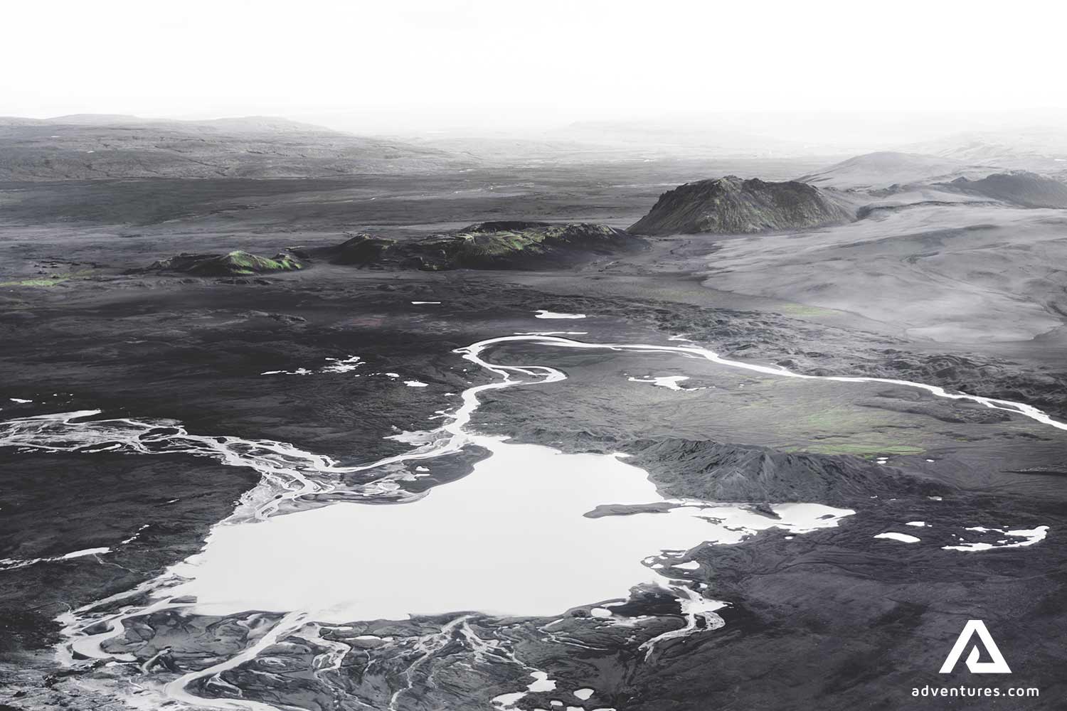plane view of glacial lake in the highlands of iceland