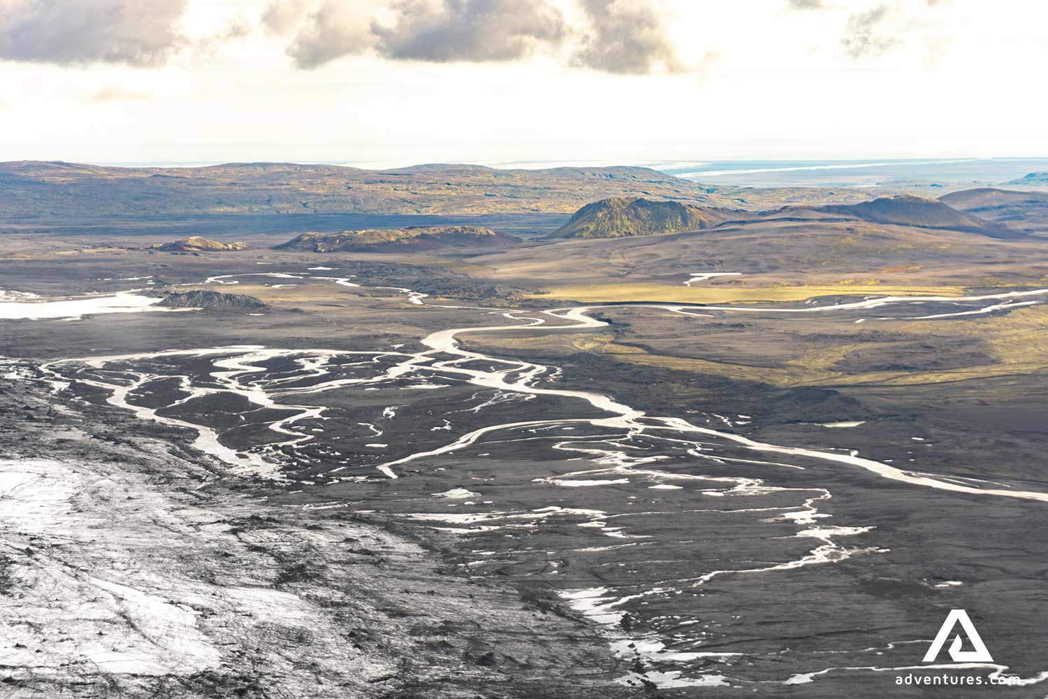 airplane view of a sunset in the icelandic highlands