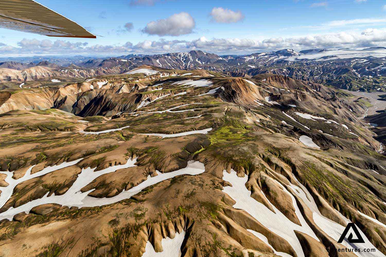 aerial view above snowy landmannalaugar mountains