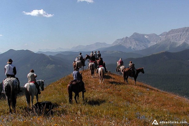 Tourists exploring Alberta Rockies on a horseback