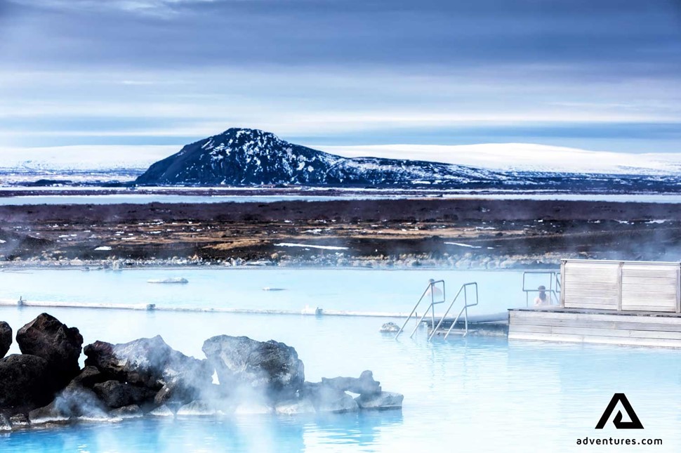 winter view at myvatn nature baths in north iceland