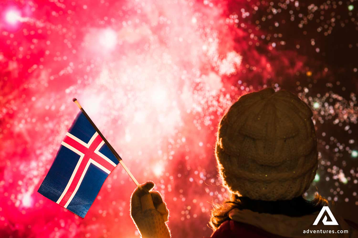 Waving Icelandic Flag New Years Fireworks in Iceland