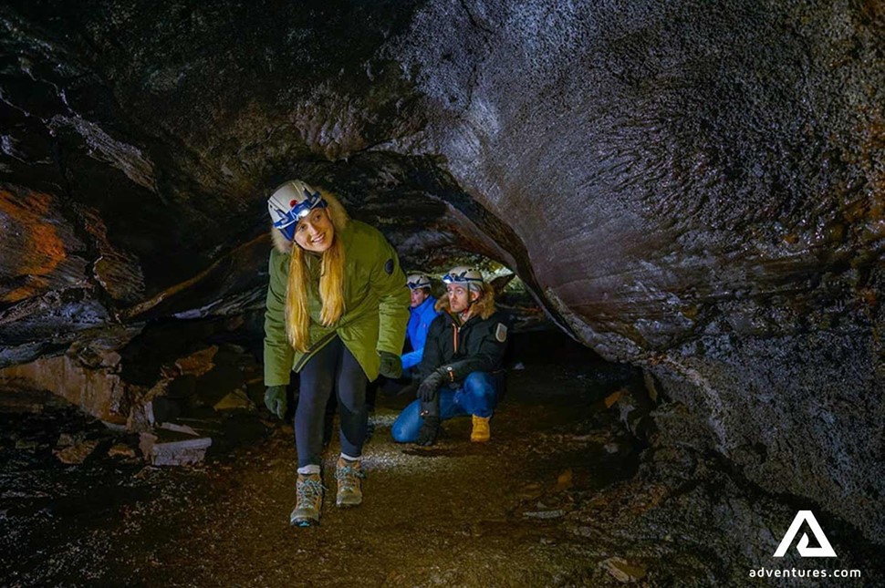 walking inside a narrow leidarendi lava cave