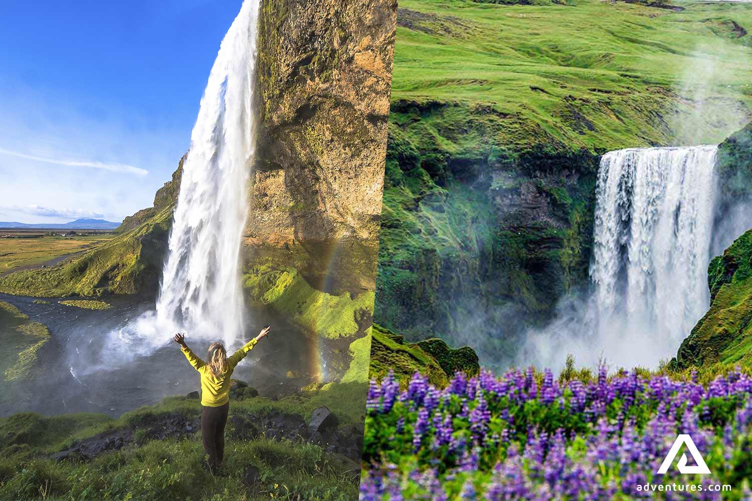 a view of skogafoss and seljalandsfoss waterfalls in summer