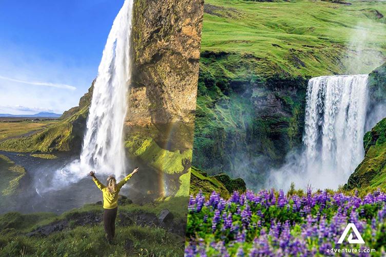 skogafoss and seljalandsfoss waterfalls in summer a view of skogafoss and seljalandsfoss waterfalls in summer