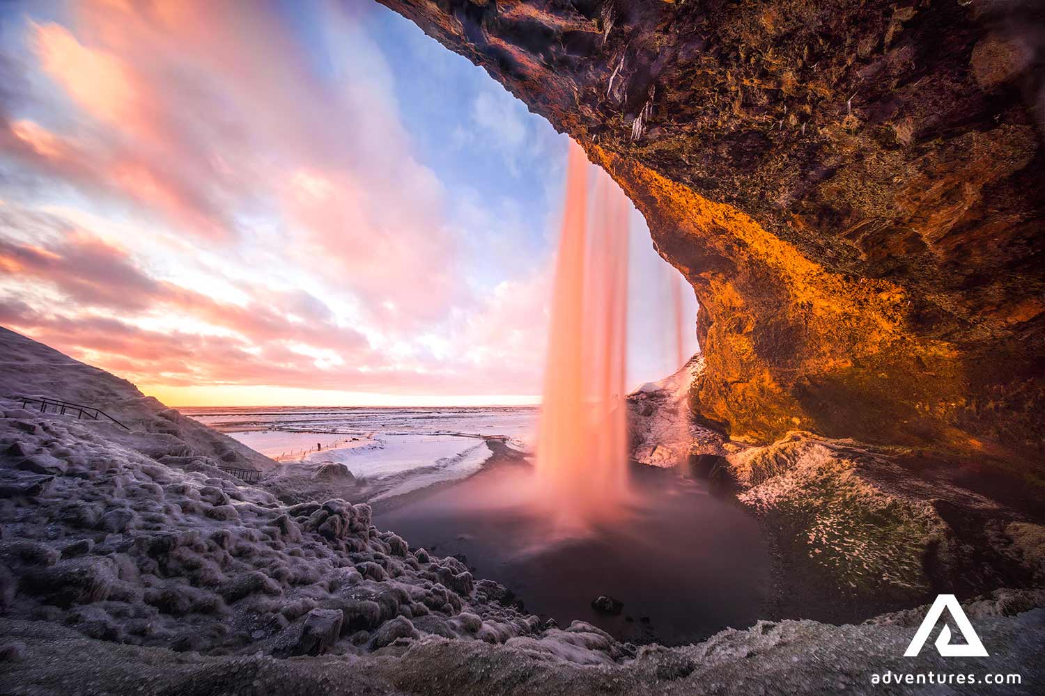 winter sunset at seljalandsfoss