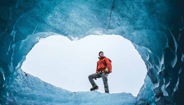 a view through a hole in solheimajokull glacier