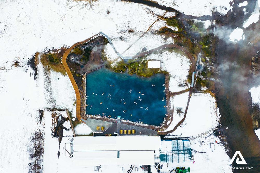 secret lagoon in winter from above