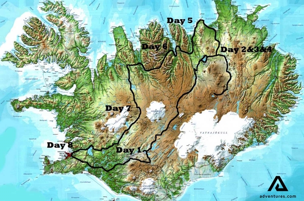 itinerary map of highlands circle in iceland