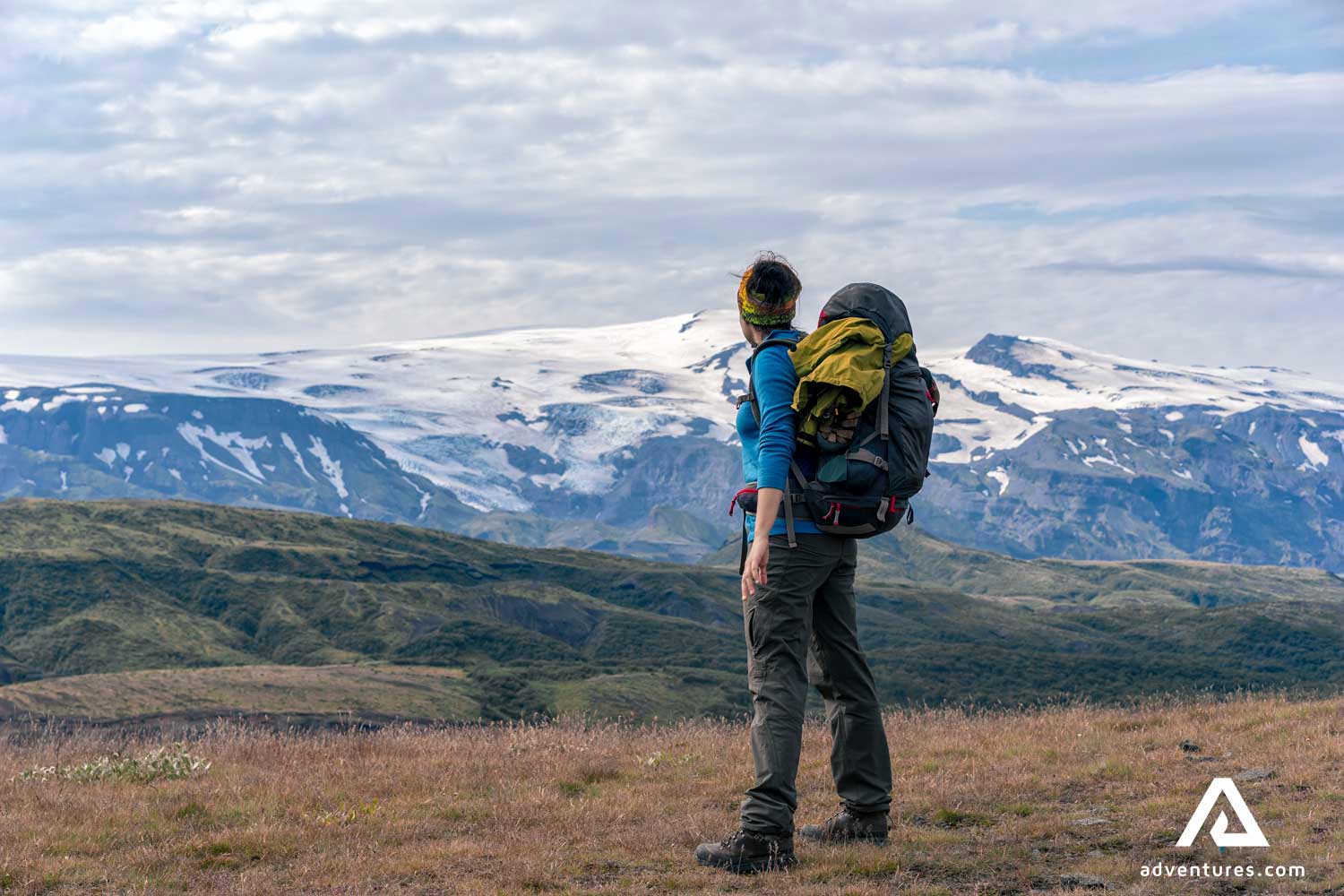 female hiker enjoying scenic view of eyjafjallajokull volcano