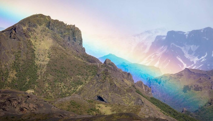 rainbow over mountains in thorsmork valley