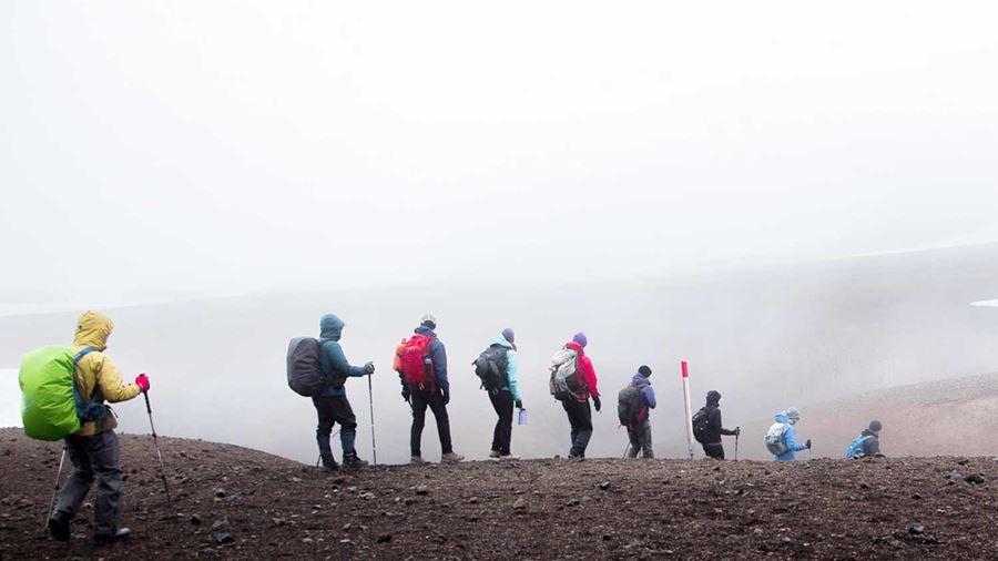 trekking in laugavegur on a foggy day