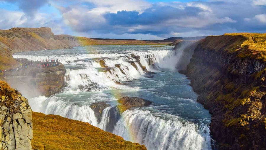 rainbow over the gullfoss waterfall