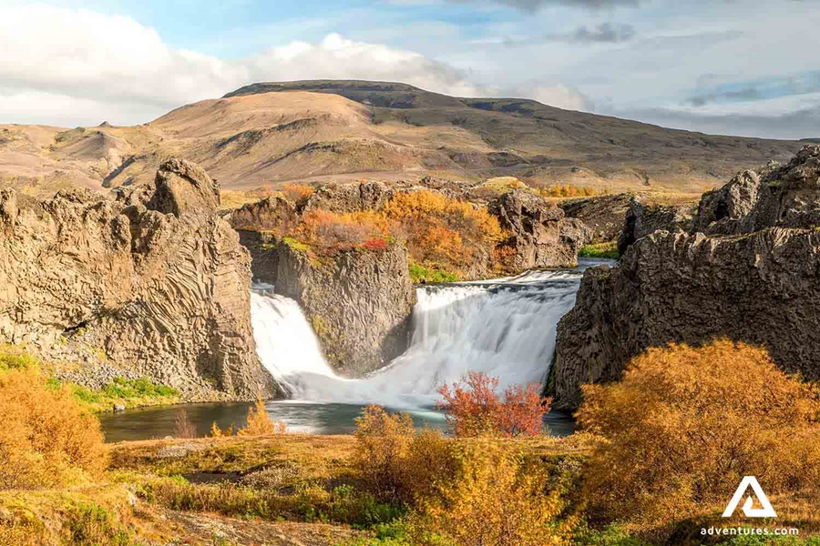 Hjalparfoss Waterfall in autumn
