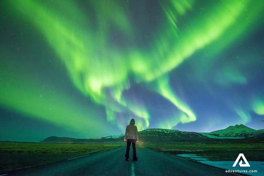 man standing on a road below northern lights