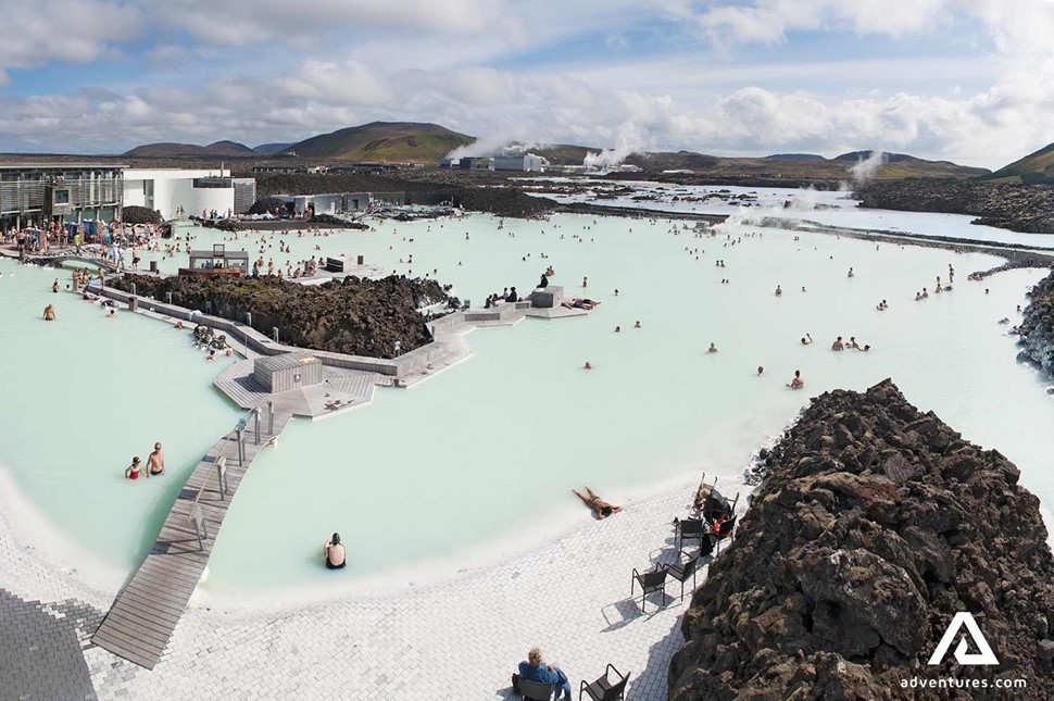 aerial view of blue lagoon in summer in iceland