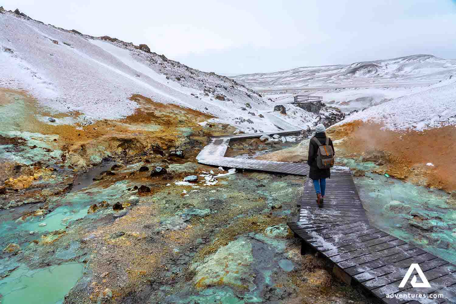 walking a wooden path in krysuvik seltun area