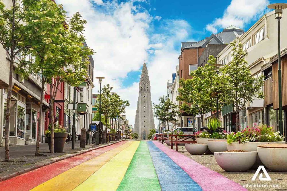 rainbow painted street near hallgrimskirkja