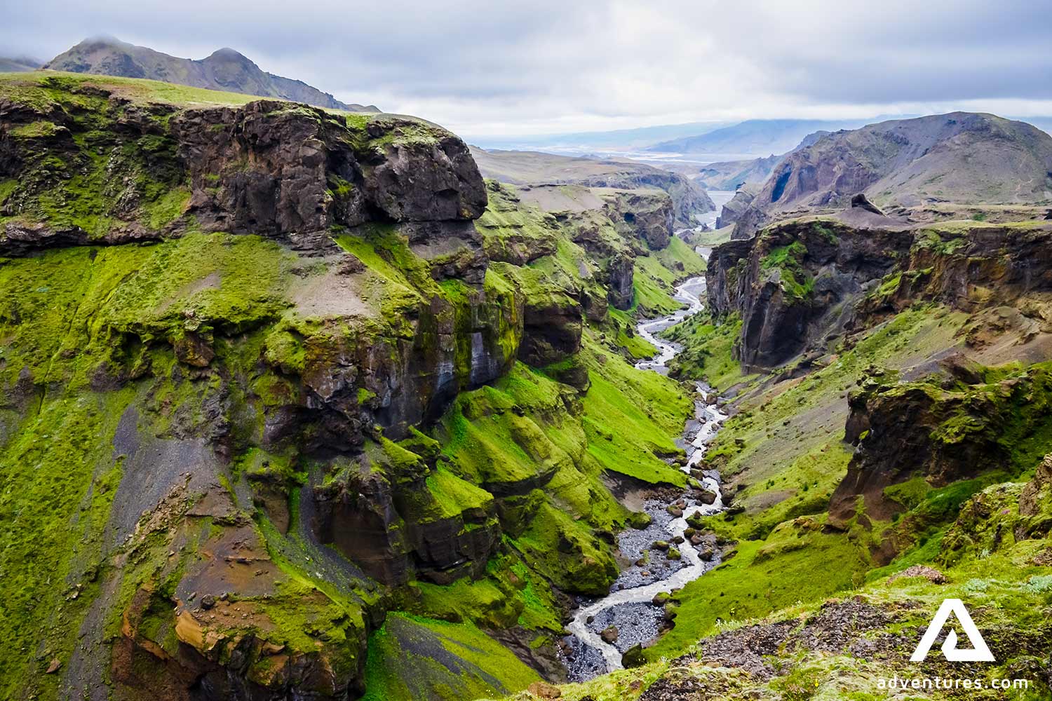 thorsmork mossy river valley in the highlands
