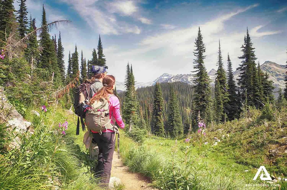 couple hiking in a lush trail in canada