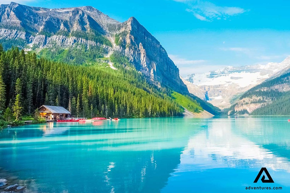 small cabin at lake louise in summer