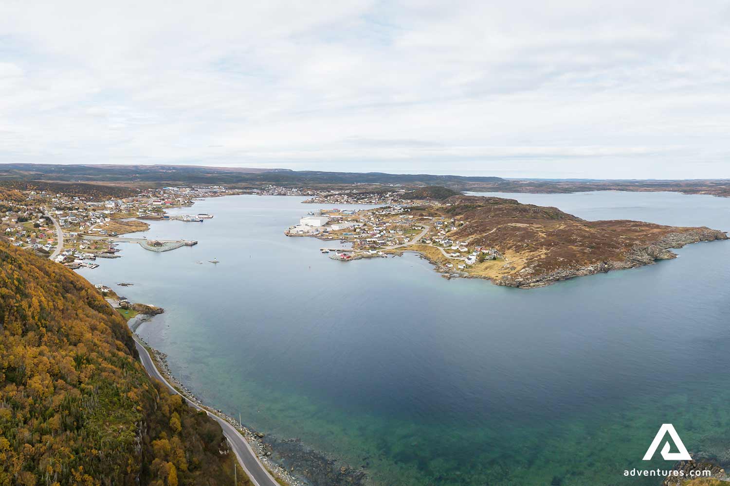 aerial mountain top view of St Anthony town in canada