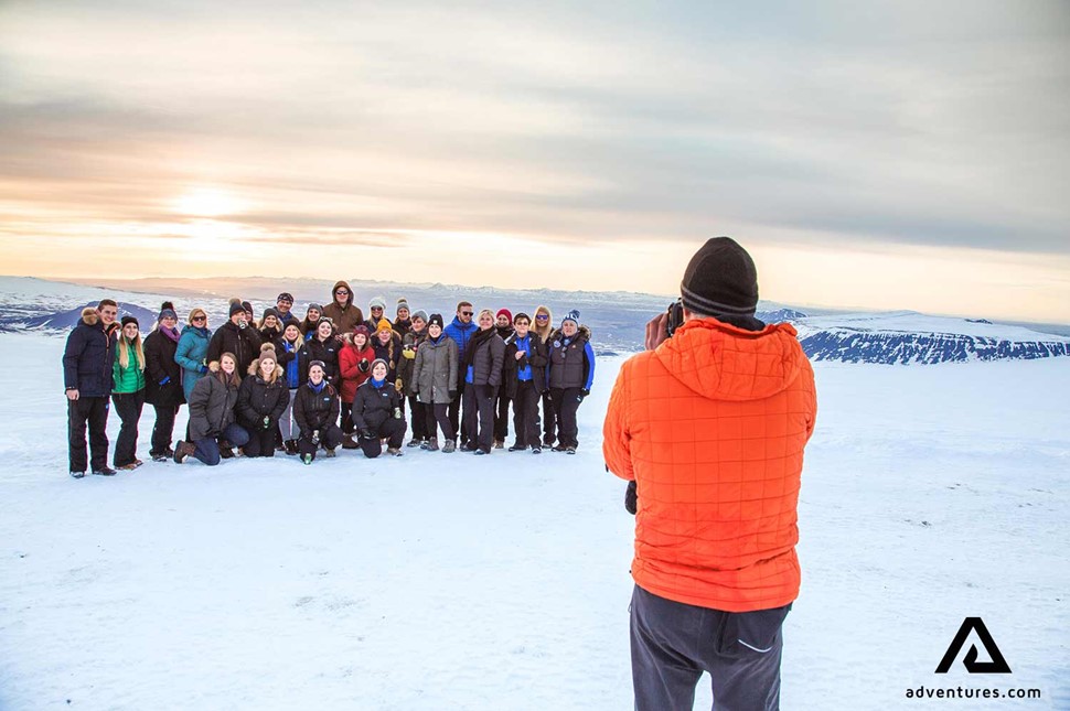 a big group posing for a picture on Langjokull