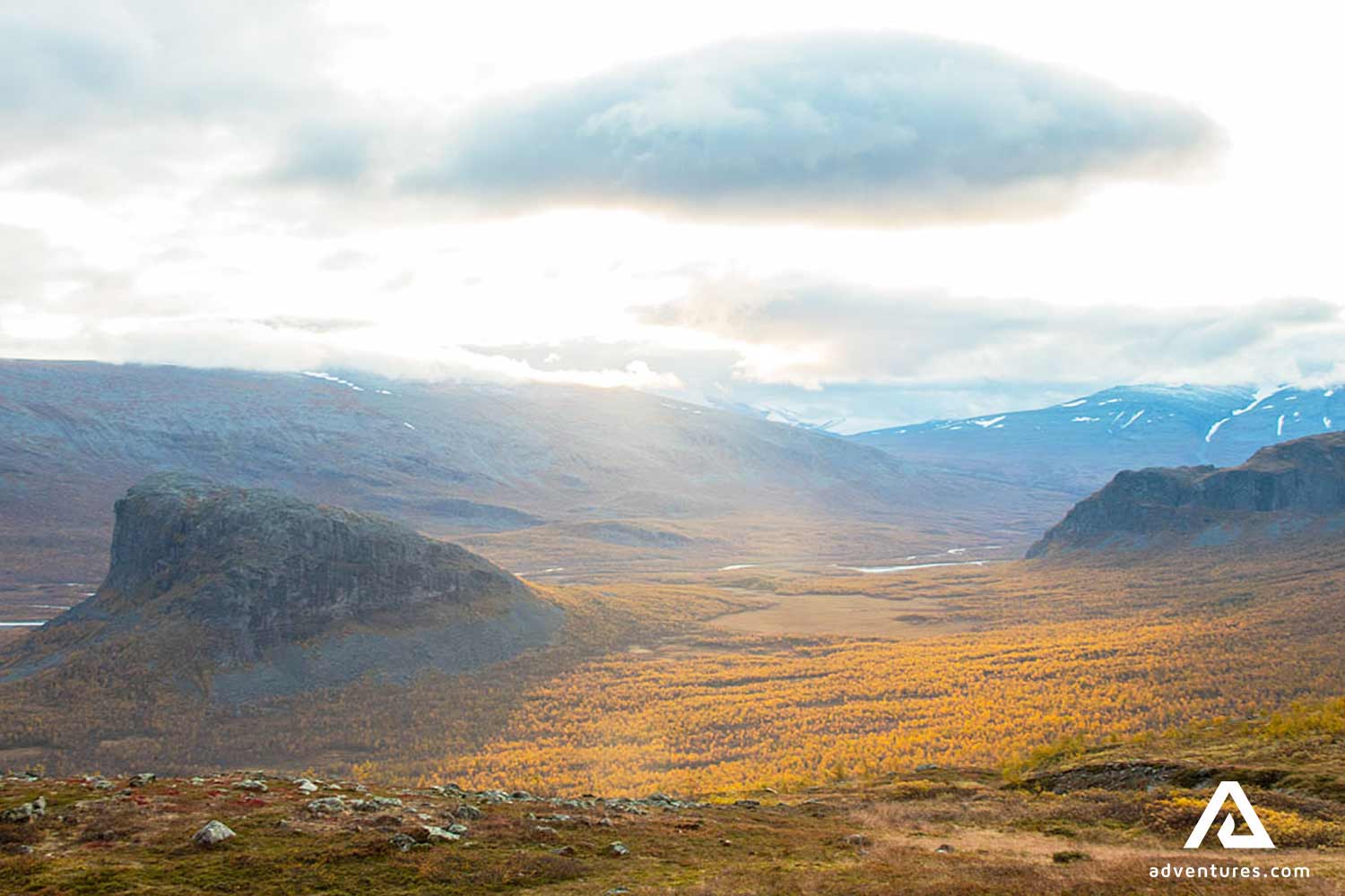 sunny mountain view in lapland in autumn