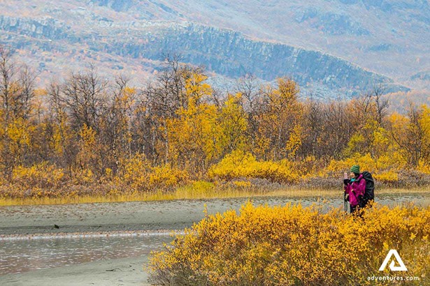 woman hiking in sarek national park in sweden at autumn