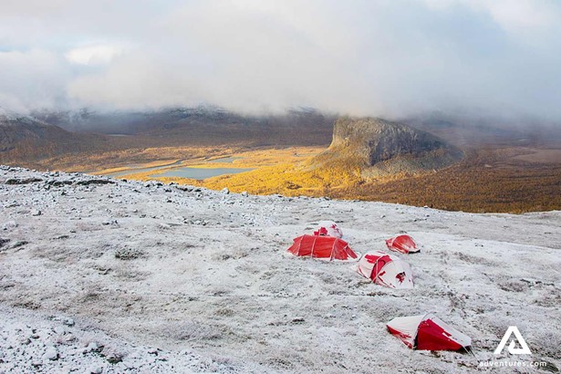 pitched up tents in sarek national park in sweden