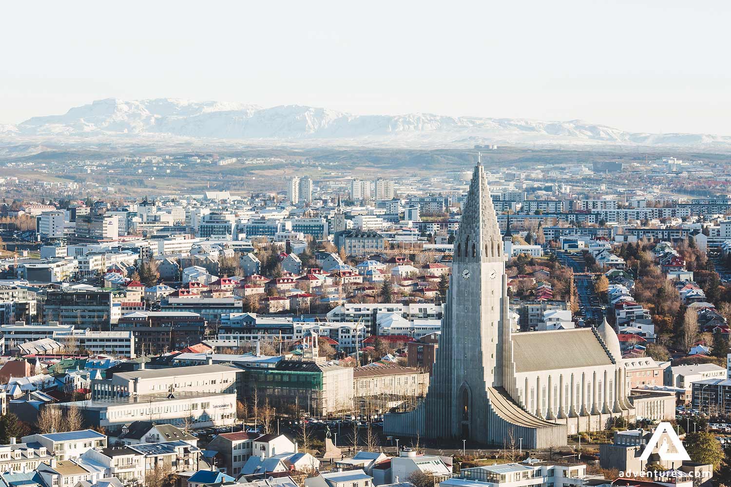 Hallgrimskirkja Church aerial view in winter