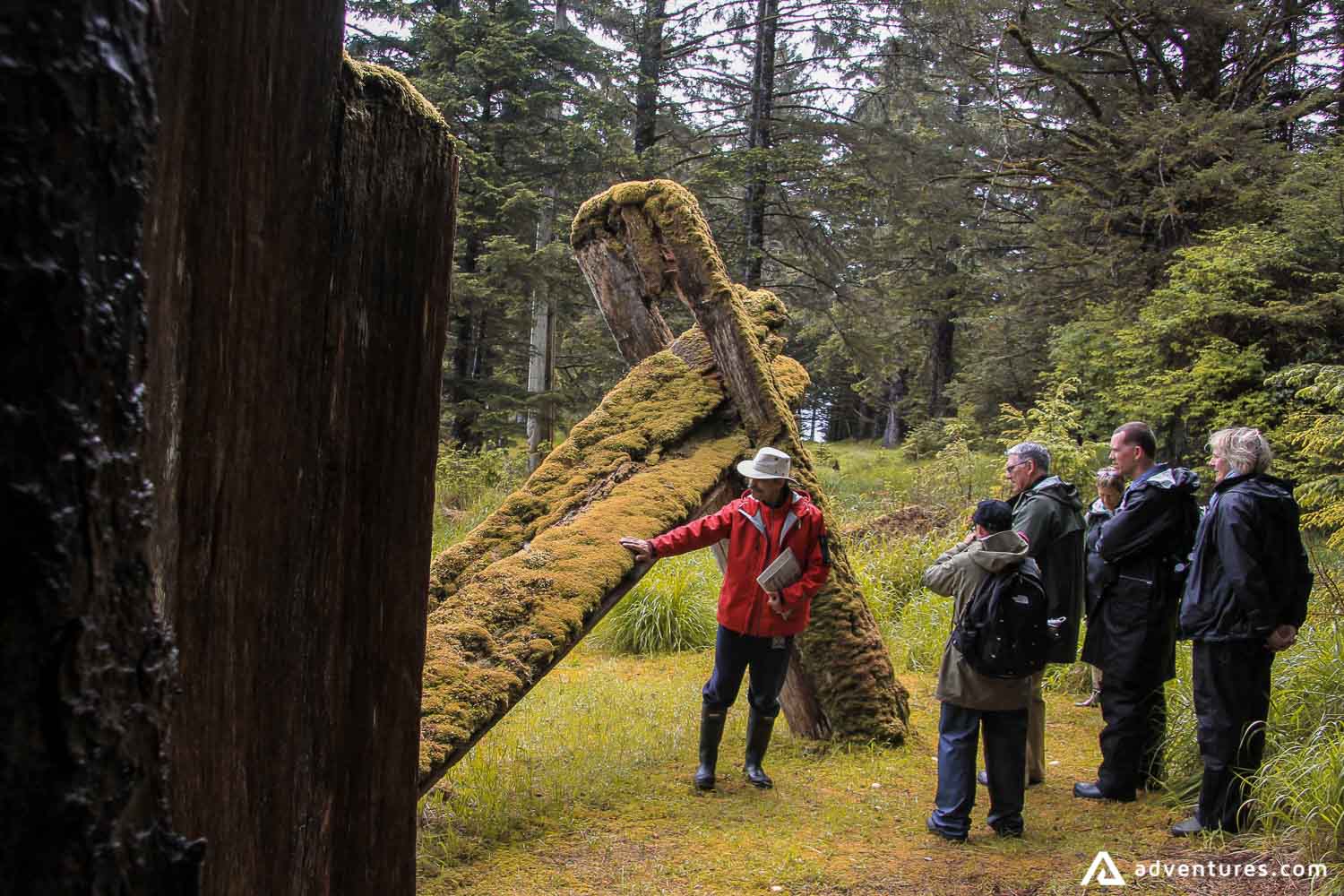 Tourists exploring ancient Haida villages