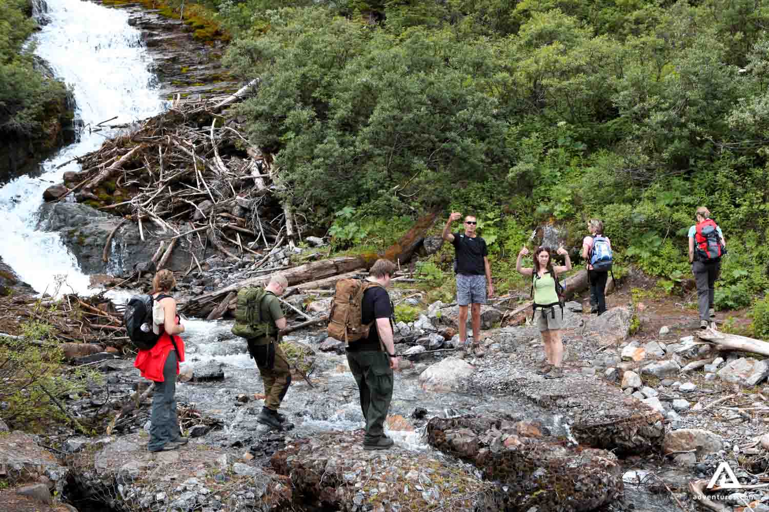 crossing a small river in canada at summer