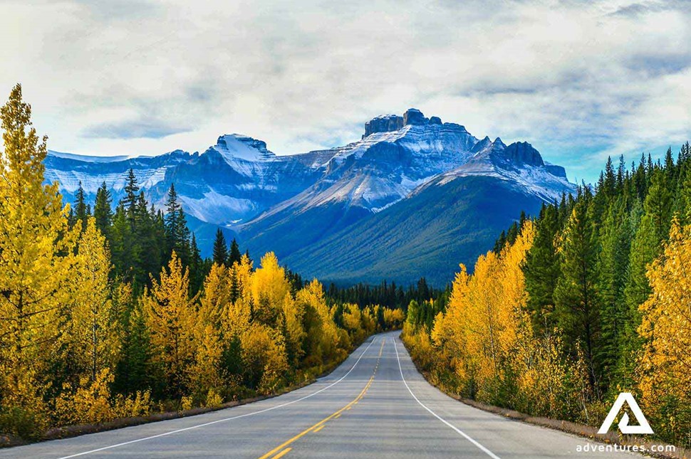 icefields parkway road at autumn