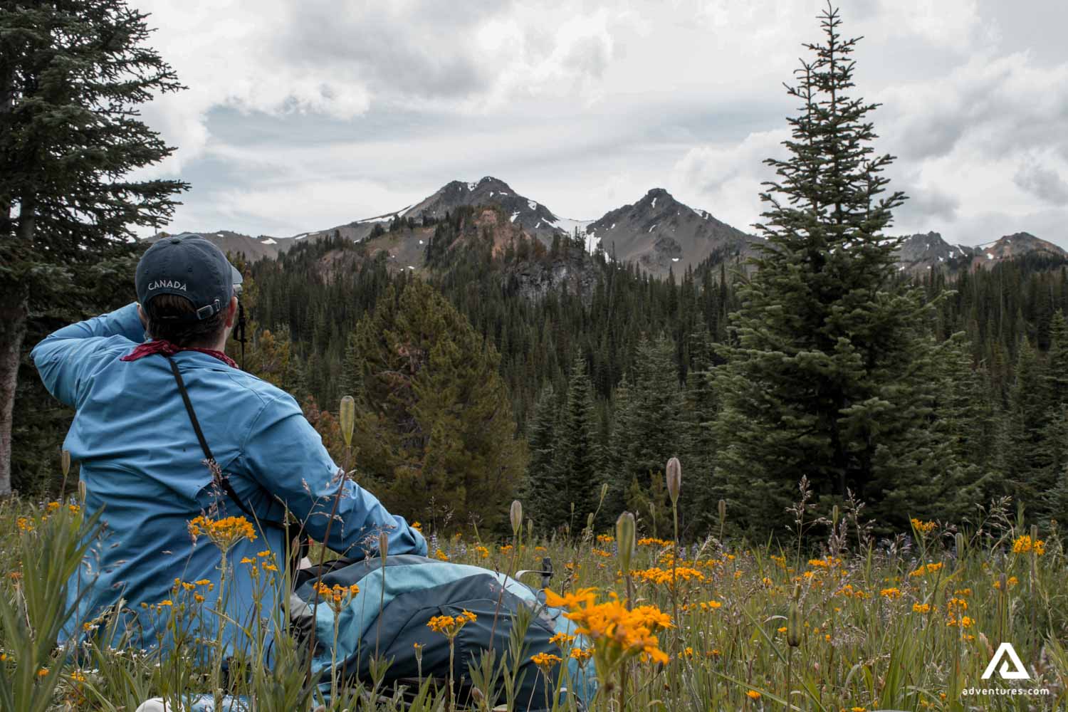 backpacker in a flowery field in canada
