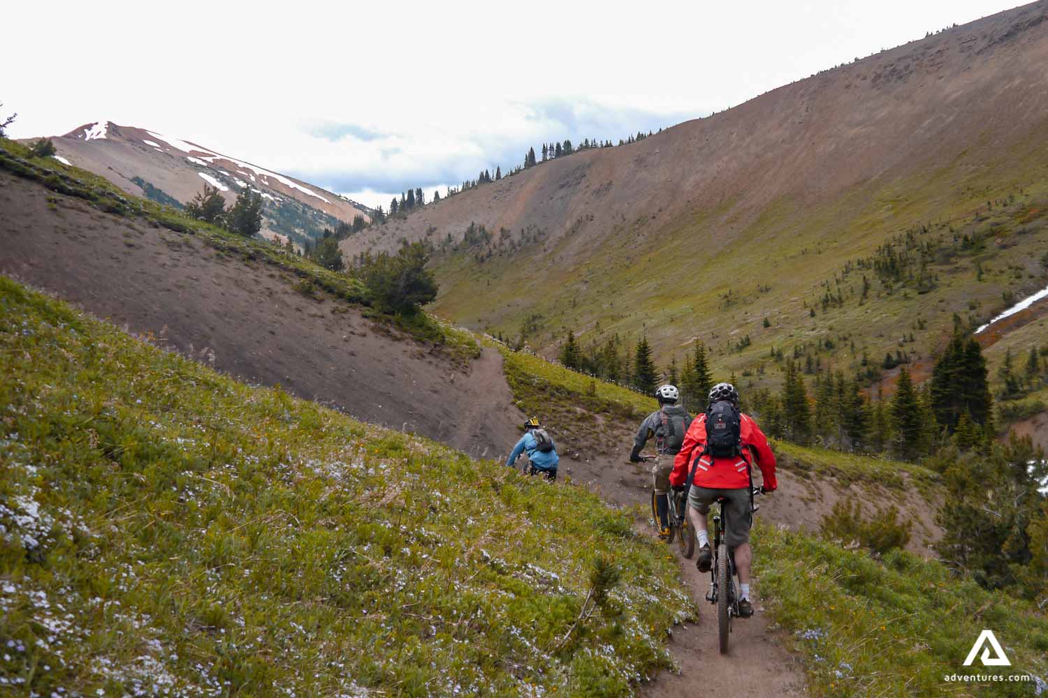 small group of bikers in a valley in canada at summer