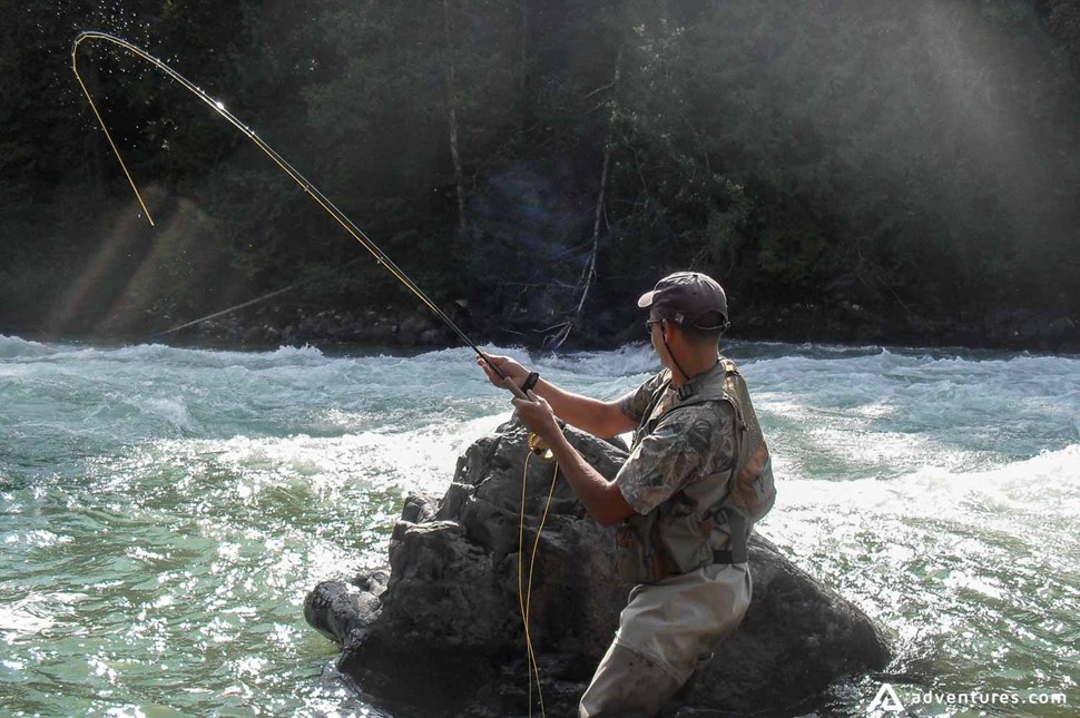 Man fishing in blue ribbon river
