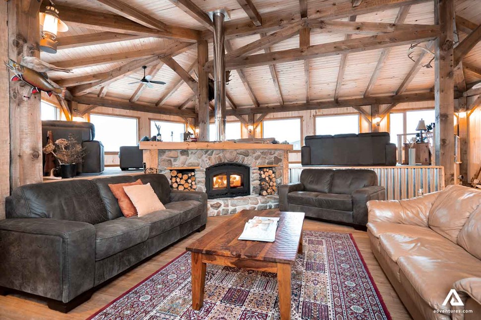 fireplace and living room view in a lodge