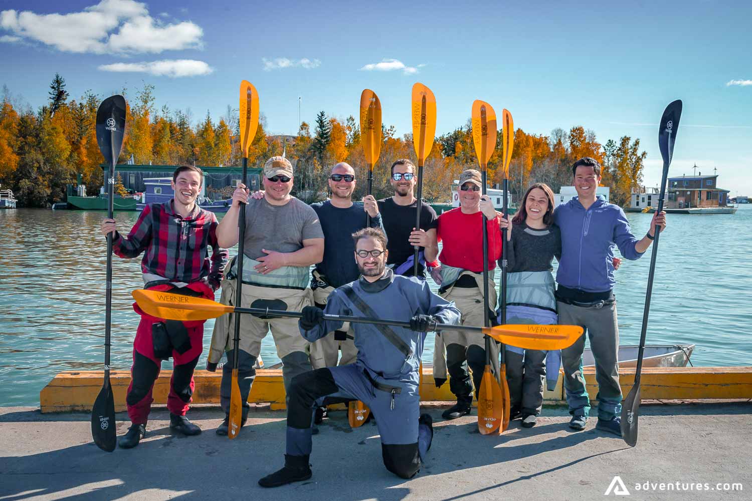 Happy people on a kayaking expedition