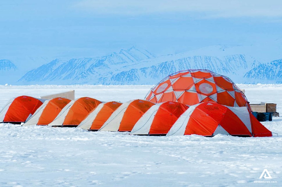 extreme weather proof tents on a frozen lake