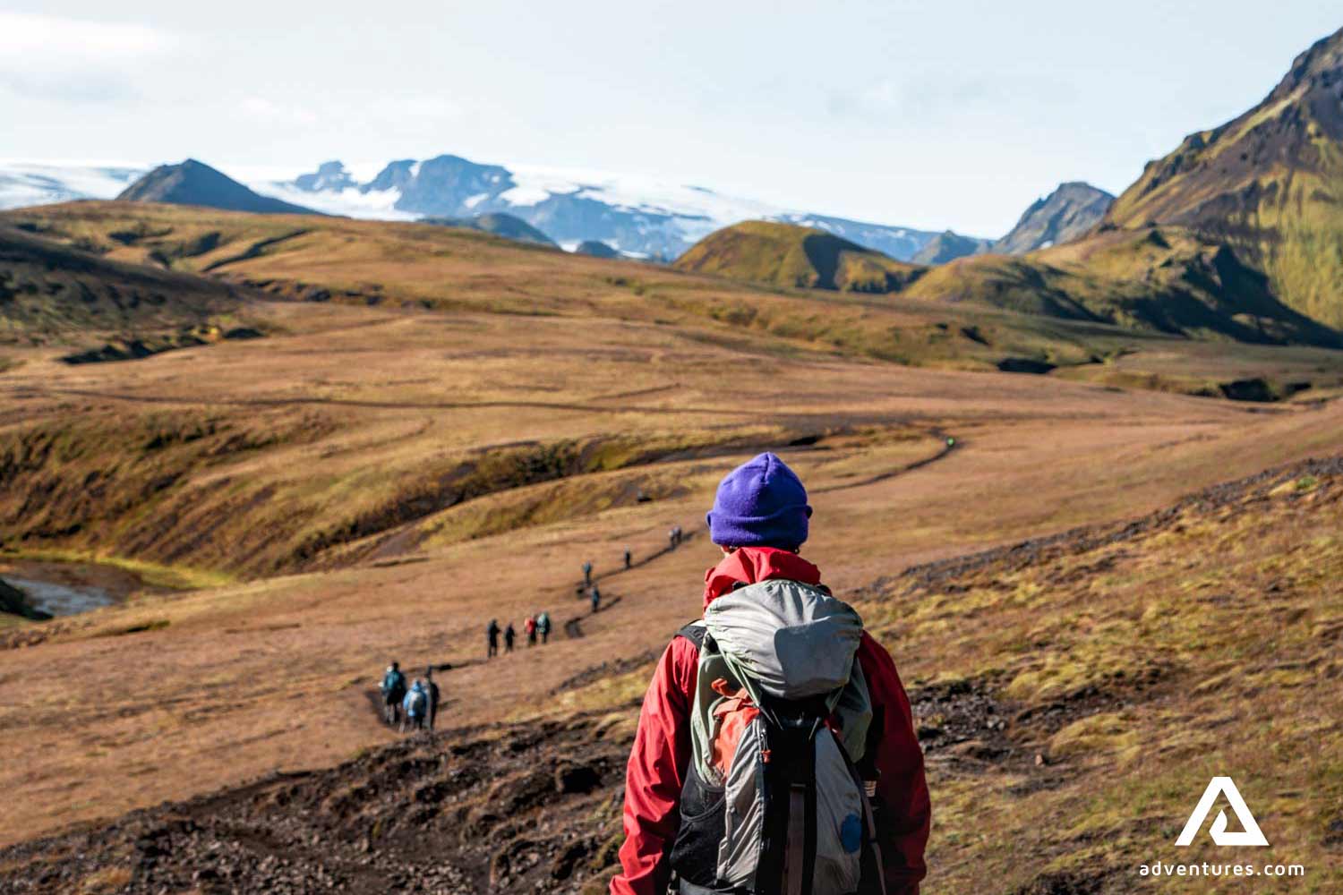 a man looking over a trail in thorsmork in summer