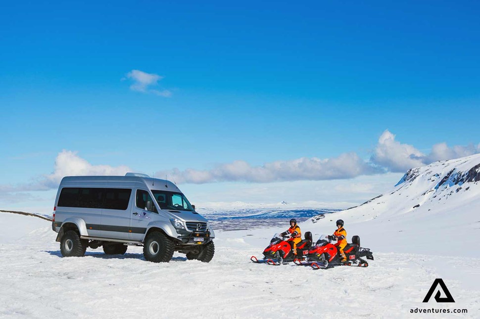 super jeep and snowmobiling on the langjokull glacier in iceland