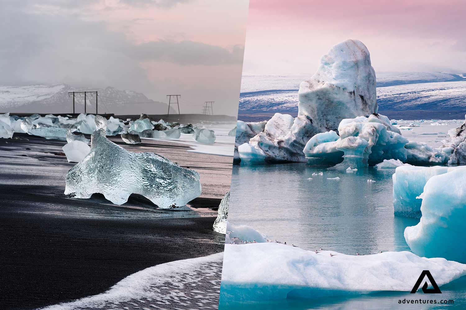 collage of jokulsarlon and diamond beach in south iceland