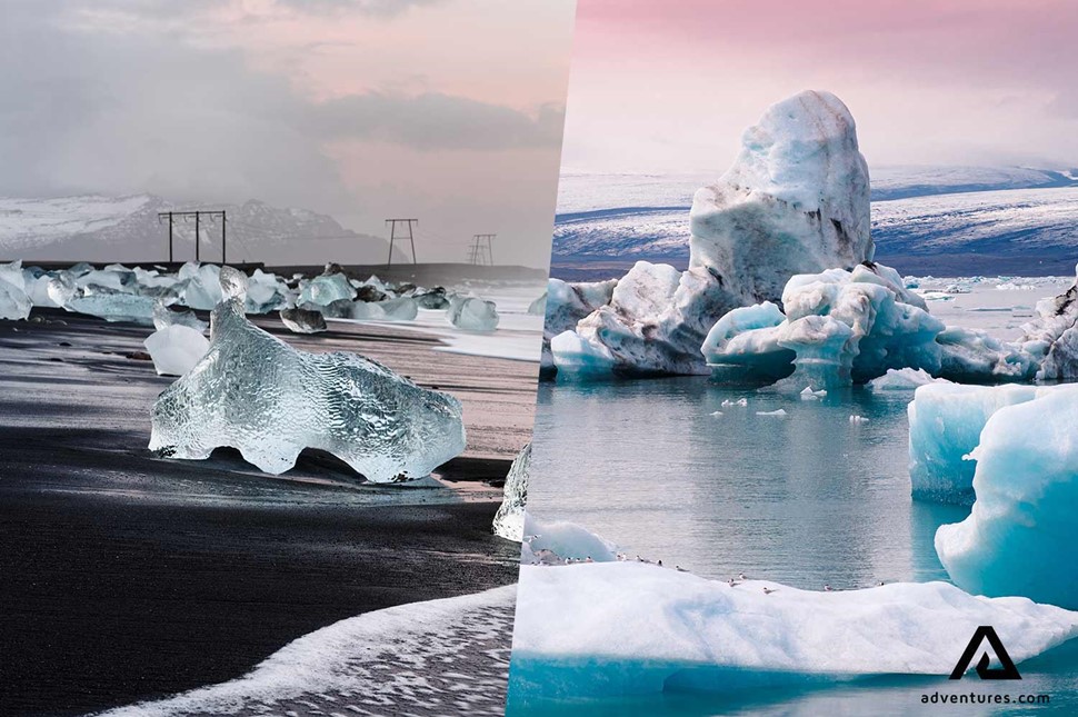 collage of jokulsarlon and diamond beach in south iceland