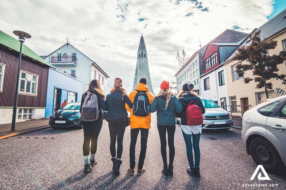 group of friends at a street in reykjavik 